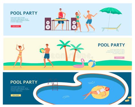 Pool Party Horizontal Banners Or Flyers Set Flat Vector Illustration