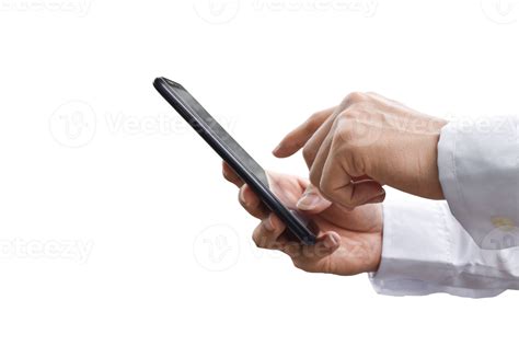 Close Up Image Of Businessman Hand Holding Mobile Phone Isolated