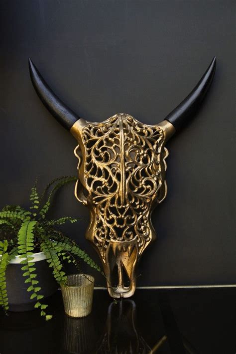 Ornate Metal Faux Bull Skull With Horns Gold View All Art Bull