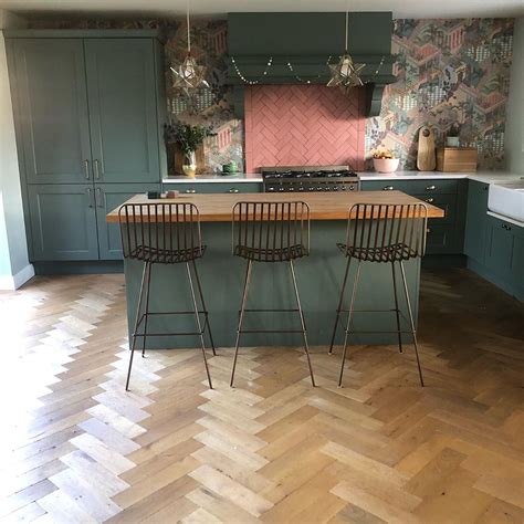 Farrow-and-Ball-Smoke-Green-kitchen-pink-accents-with-herringbone