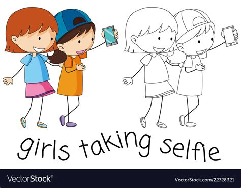 Doodle Girls Taking Selfie Royalty Free Vector Image