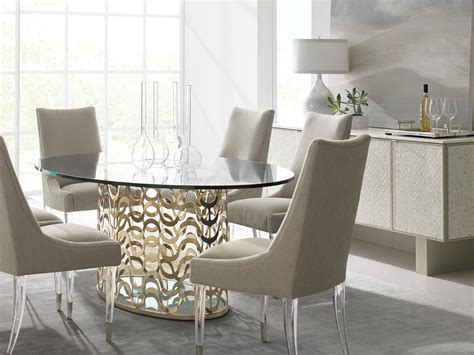 Louis 7 Pieces Modern Dining Room Set Gold Oval Glass Top Table And Gray Chairs Dining Sets