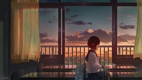 Anime School Girl Crying Classroom Clouds Sunset Scenic Flower Hd
