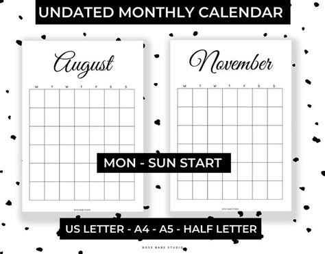Printable Undated Monthly Calendar Us Letter A4 A5 Half Etsy In 2020 Monthly Calendar Goal