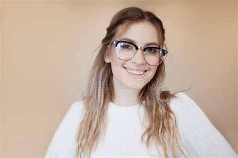 Happy And Beautiful Girl With Glasses And Braces Young Woman Smiling Stock Image Image Of