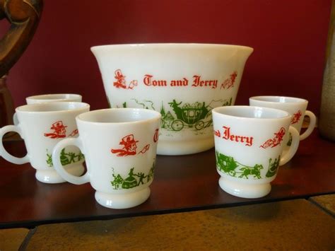 Vintage Tom And Jerry Bowl Cup Set Christmas Punch Eggnog Hazel Atlas