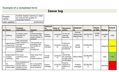 Project Management Issue Log Template