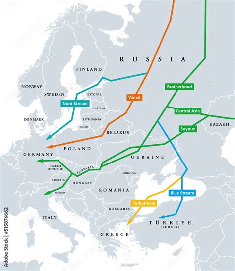 Natural Gas Pipelines From Russia To Europe Political Map Existing