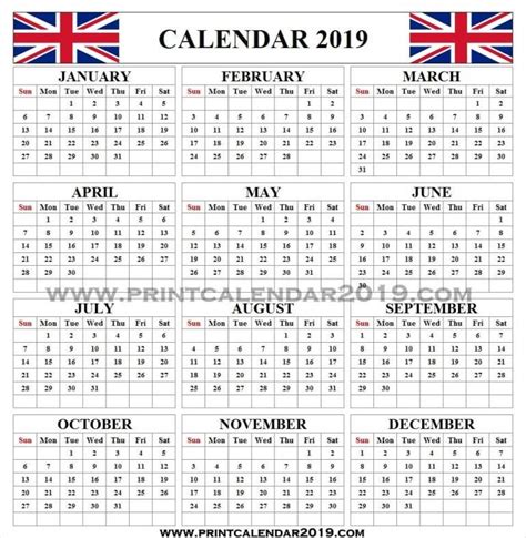 2019 Uk Calendar To Print Holiday Calendar Year Calendar Planner