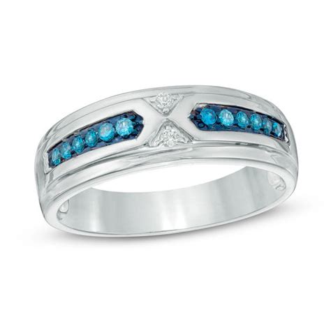 Blue diamond men's ring in 14k white gold. Men's 1/6 CT. T.W. Enhanced Blue and White Diamond Wedding Band in 10K White Gold | Wedding ...