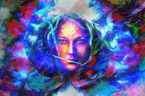 Mystic Face Women In Flwer With Color Background Collage Eye Contact