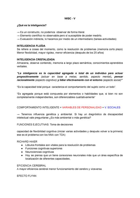 Apuntes WISC V - WISC - V ¿Qué es la inteligencia? → Es un constructo