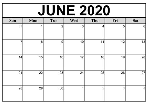 Free Printable Calendar June 2020 Calendar Printables Free Templates