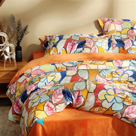 Colorful Leaves Printed Duvet Cover Sets Queen King Size Bedding Sets For Adults Bright Color