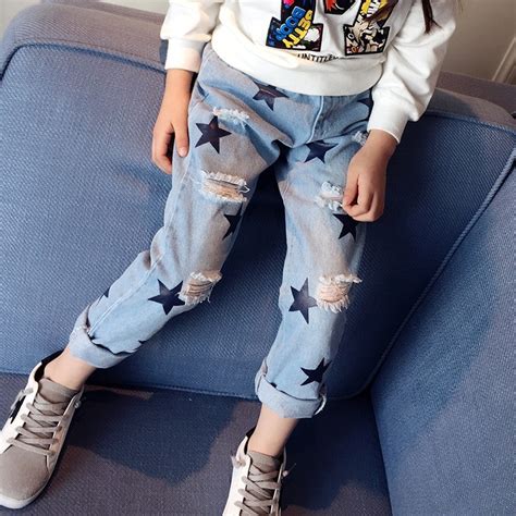 New Baby Girl Jeans Toddler Kids Denim Stars Pants Ripped Jeans Girls