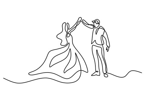 Continuous One Line Drawing Of Couple Dance Isolated On White Background Man With Tuxedo And