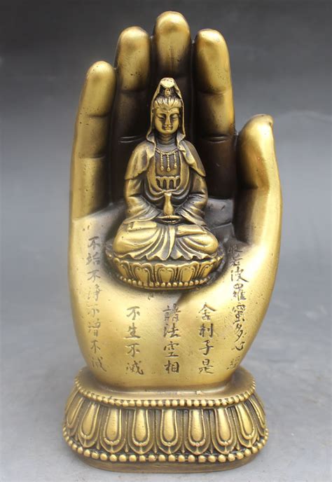 Kwan yin has a full face with arched eyebrows and downcast eyes casting a serene aura. Chinese Buddhism Bronze Kwan yin Bodhisattva Goddess Hand ...