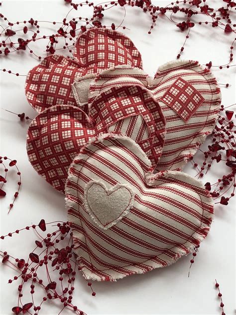 Stuffed Fabric Heart Ticking Stripe Hearts Farmhouse Decortiered