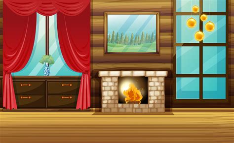 Room With Fireplace And Red Curtain 446157 Vector Art At Vecteezy
