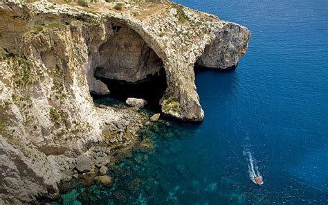 Hd Wallpaper Sea Cliff Cave Island Malta Water Boat Blue Coast Beach