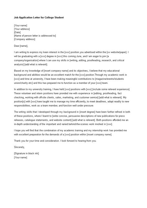Job Application Letter For College Student Templates At