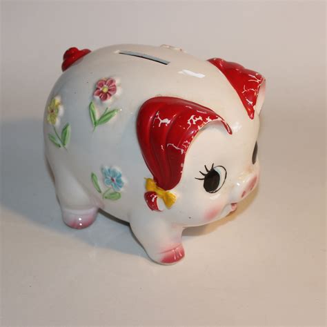 Piggy Bank Clay China Female Pig Embossed Flower Design Antique Toy World