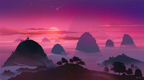 Artwork Illustration Mountains Sunset Sky Stars