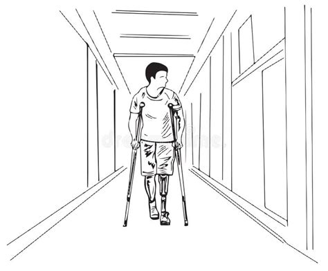 Sketch Drawing Of Disabled Man Coming Out From Hospital With Prosthetic