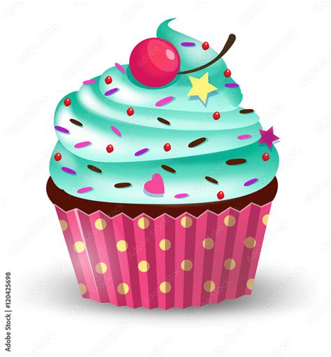 Handmade Cute Cartoon Cupcake With Cherry Vector Illustration Clip