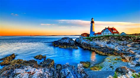 Beautiful Lighthouse Rocky Shore Landscape Background