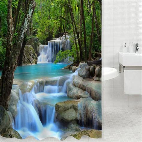3d Waterfall Nature Scenery Bath Curtain Water Resistant Shielding