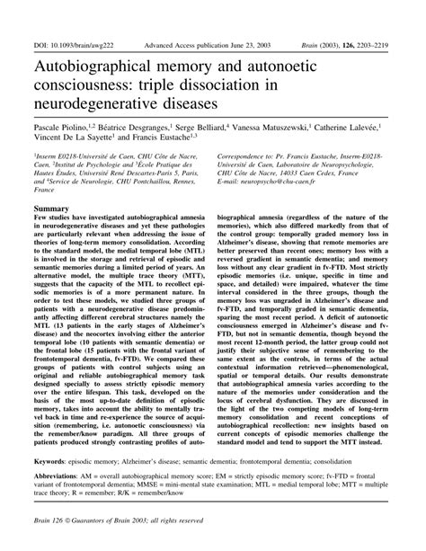 Pdf Autobiographical Memory And Autonoetic Consciousness Triple Dissociation In