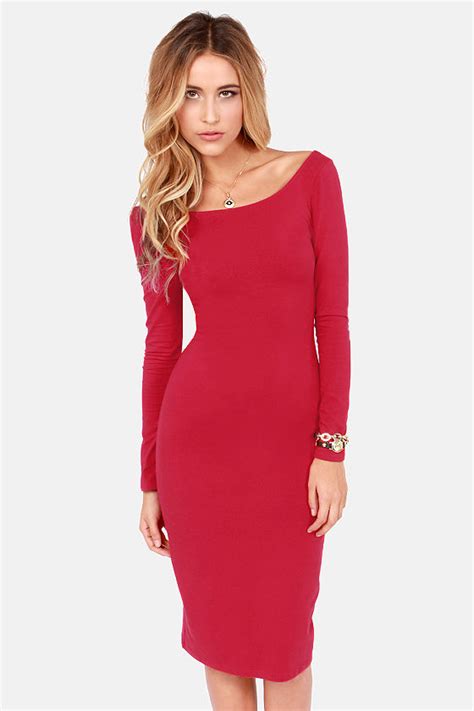 Sexy Red Dress Bodycon Dress Long Sleeve Dress Midi Dress