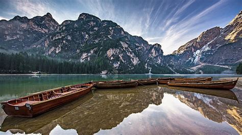 Hd Wallpaper Lake Deck Boat Mountains Mirror Reflection Pragser