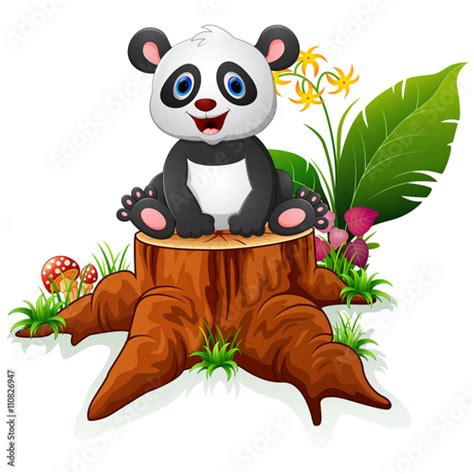 Cute Panda Sit On Tree Stump Stock Image And Royalty Free Vector