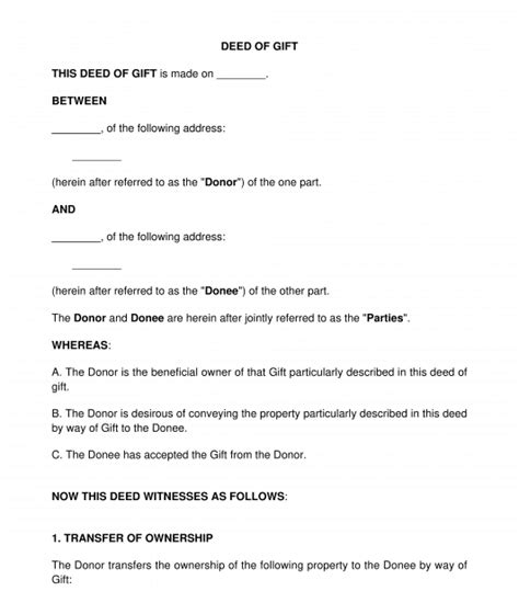 Deed of Gift - Sample Template to Fill out Word and PDF