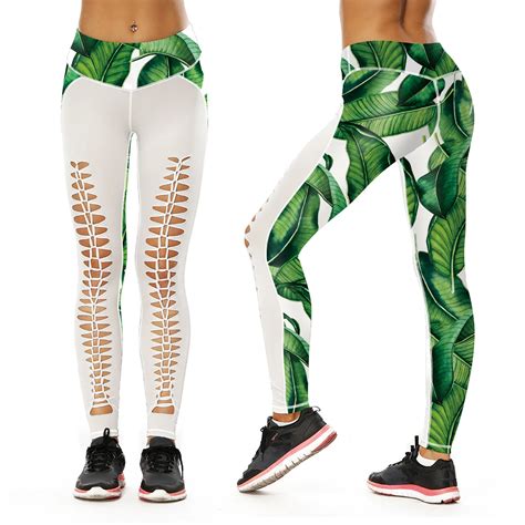 Green Leaves Printed 3d Leggings Summer Sportswear Workout Fitness Jeggings Patchwork Sexy