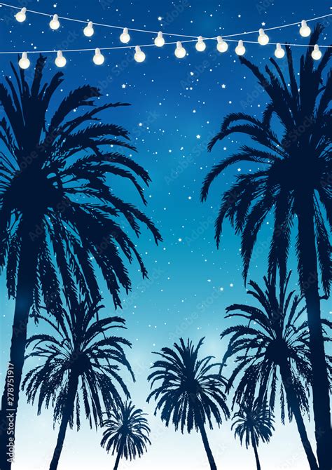 Summer Party Background With Palm Trees Silhouettes On Night Starry Sky