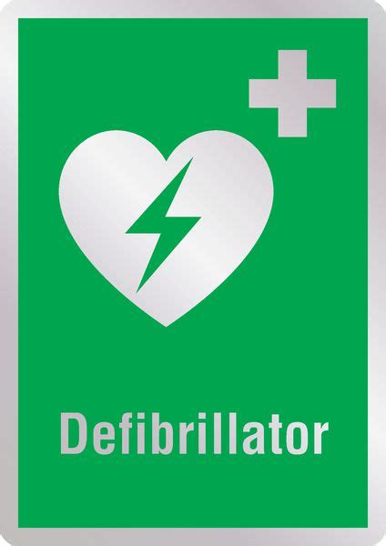Brief introduction to automated external defibrillator (aed). Defibrillator - Erste-Hilfe-Schilder in Metall-Optik, EN ...