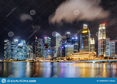 Fantastic Night View Of Skyscrapers By Marina Bay Singapore Stock
