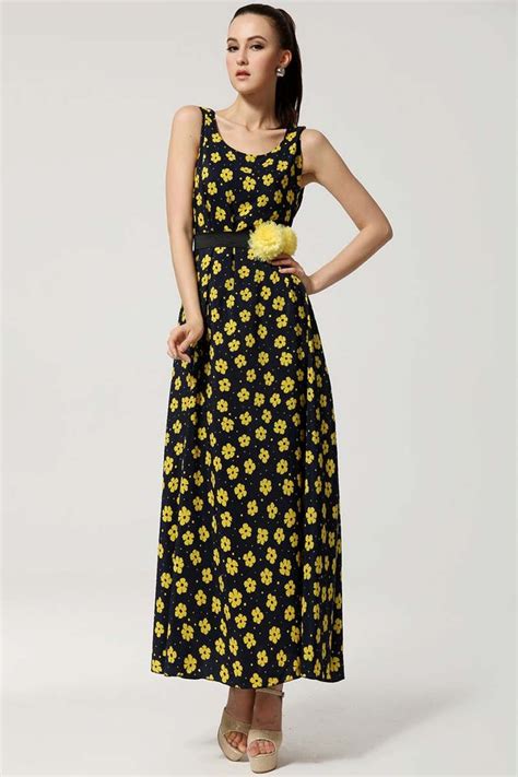 Yellow Floral Print Sleeveless Maxi Dress Yellow Floral Yellow Dress