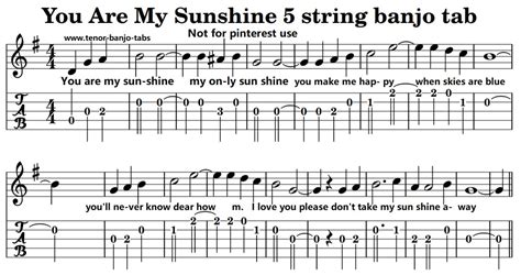 You Are My Sunshine Easy Sheet Music Tenor Banjo Tabs