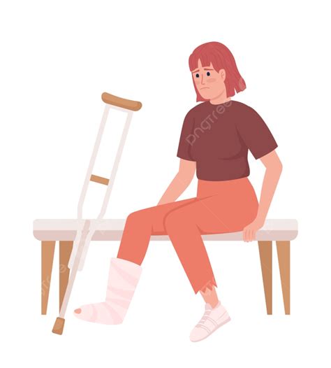 Woman With Broken Leg And Crutch Semi Flat Color Vector Character Sad
