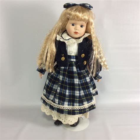 Porcelain Doll Blue Eyes Blonde Hair Plaid Dress Ribbon Unmarked 17