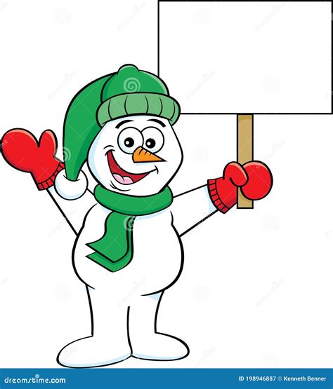 Cartoon Happy Snowman Waving And Holding Sign Stock Vector