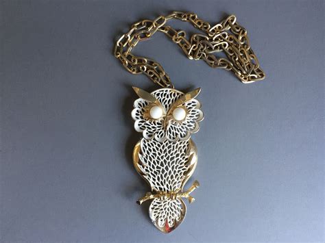 Large Enameled Owl Pendant Necklace Retro Jewelry 70s Fashion By