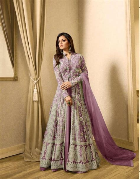 Drashti Dhami Purple Embroidered Georgette Net Anarkali Suit