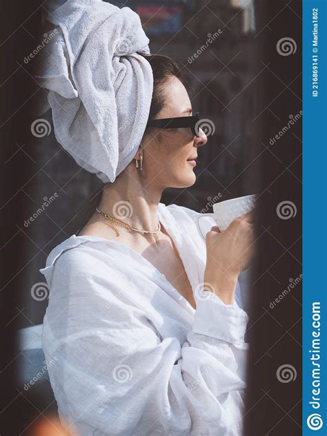 Beautiful Woman After Shower Drinking Tea On The Balcony Stock Image Image Of Lifestyle