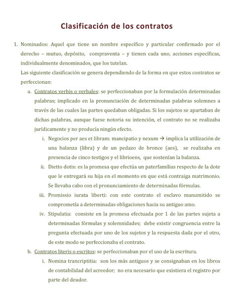 Clasificación De Los Contratos Derecho Romano Clasificación De Los