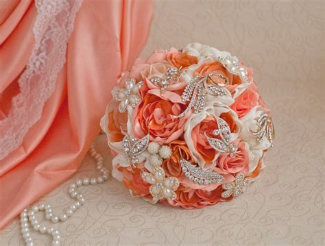 Brooch Bouquet Coral Ivory And Gold Wedding Brooch Bouquet
